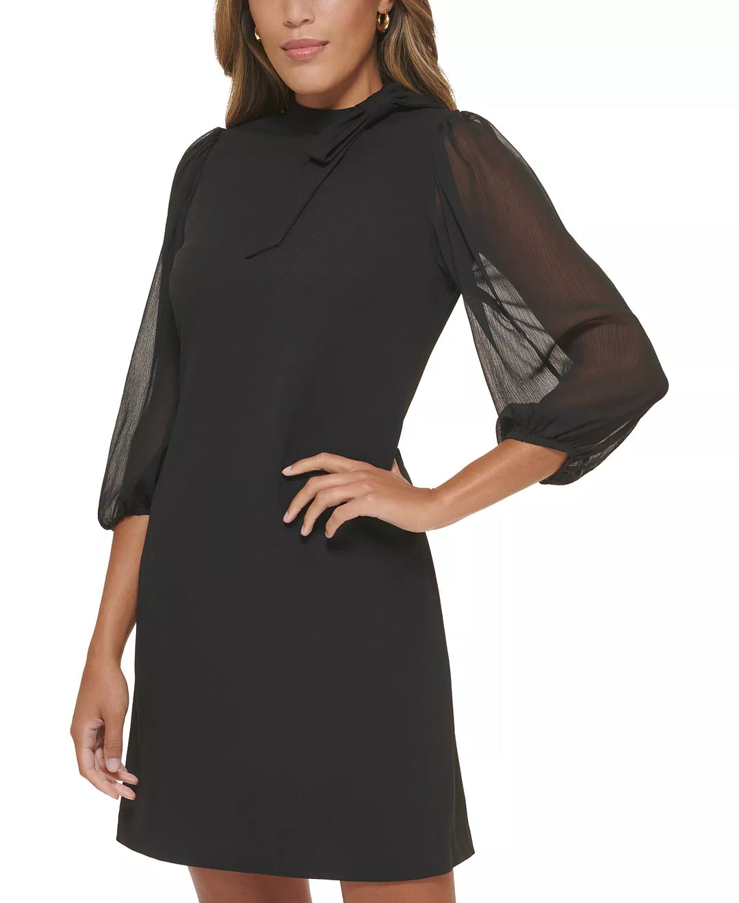 CALVIN KLEIN Puff-Sleeve Tie-Neck Sheath Dress