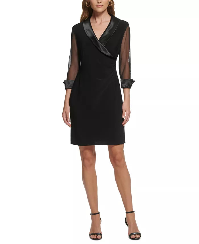 Jessica Howard Petite Illusion-Sleeve Faux-Wrap Dress