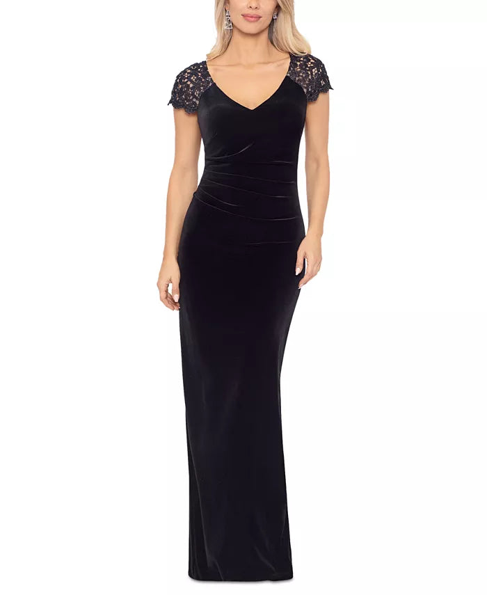 XSCAPE Women's V-Neck Short-Flutter-Sleeve Velvet Gown