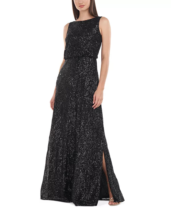 JS Collections Sleeveless Sequined Boat-Neck Gown