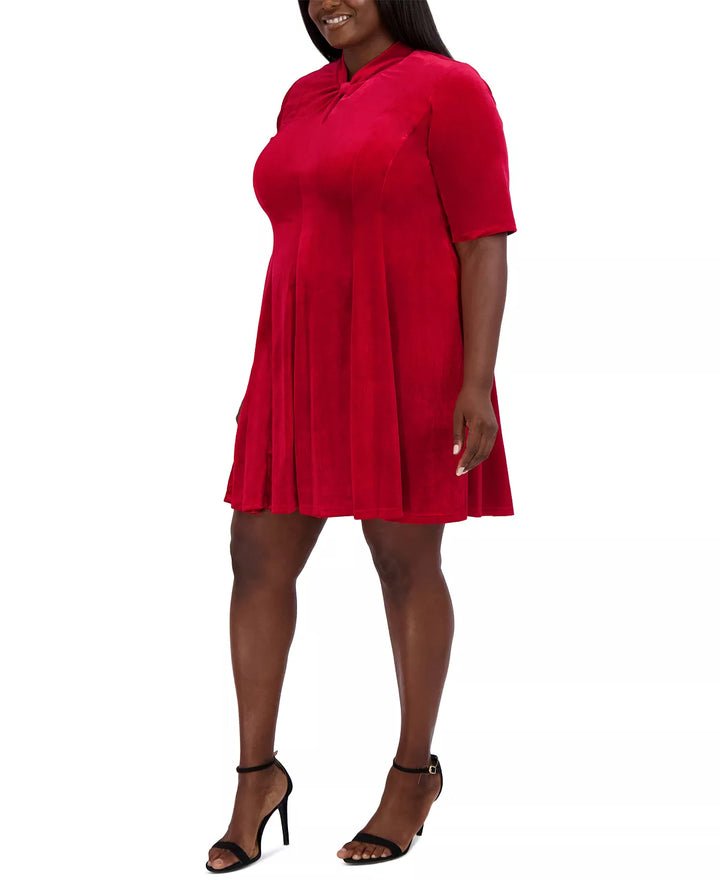 Robbie Bee Plus Size Velvet Keyhole-Twist Elbow-Sleeve Dress