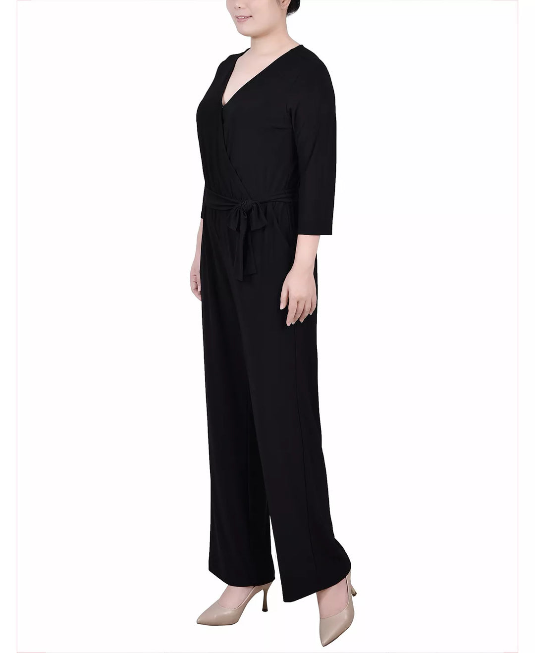 NY Collection Petite 3/4 Sleeve Belted Wide Leg Jumpsuit