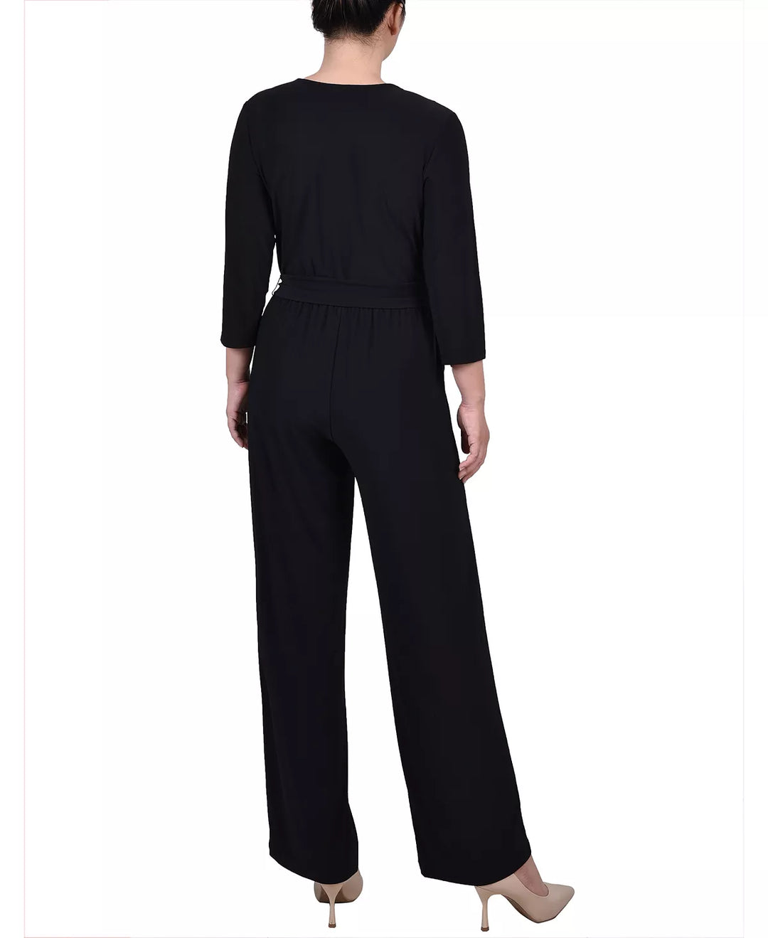 NY Collection Petite 3/4 Sleeve Belted Wide Leg Jumpsuit