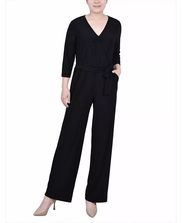 NY Collection Petite 3/4 Sleeve Belted Wide Leg Jumpsuit
