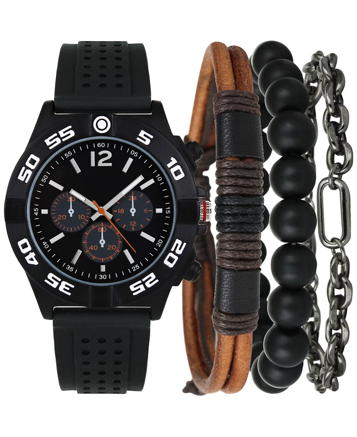 I.N.C. International Concepts Men's Black Perforated Silicone Strap Watch 49mm Gift Set