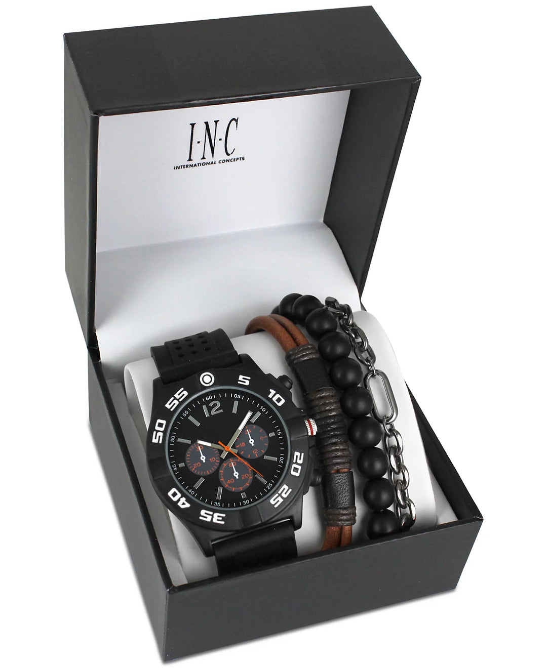 I.N.C. International Concepts Men's Black Perforated Silicone Strap Watch 49mm Gift Set