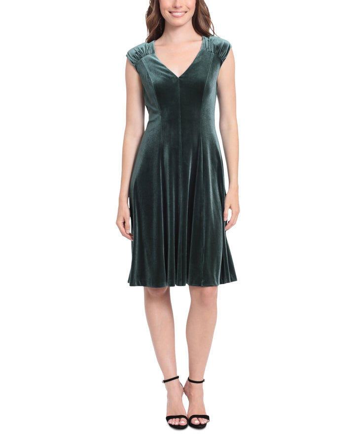 London Times V-Neck Fit & Flare Velvet Dress