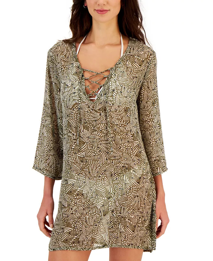 J Valdi Printed Lace-Up-Neck Tunic Cover-Up