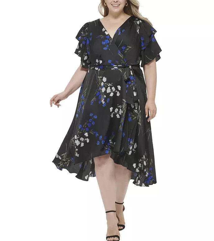 DKNY Plus Size Floral-Print Tie-Waist Ruffled-Sleeve Midi Dress