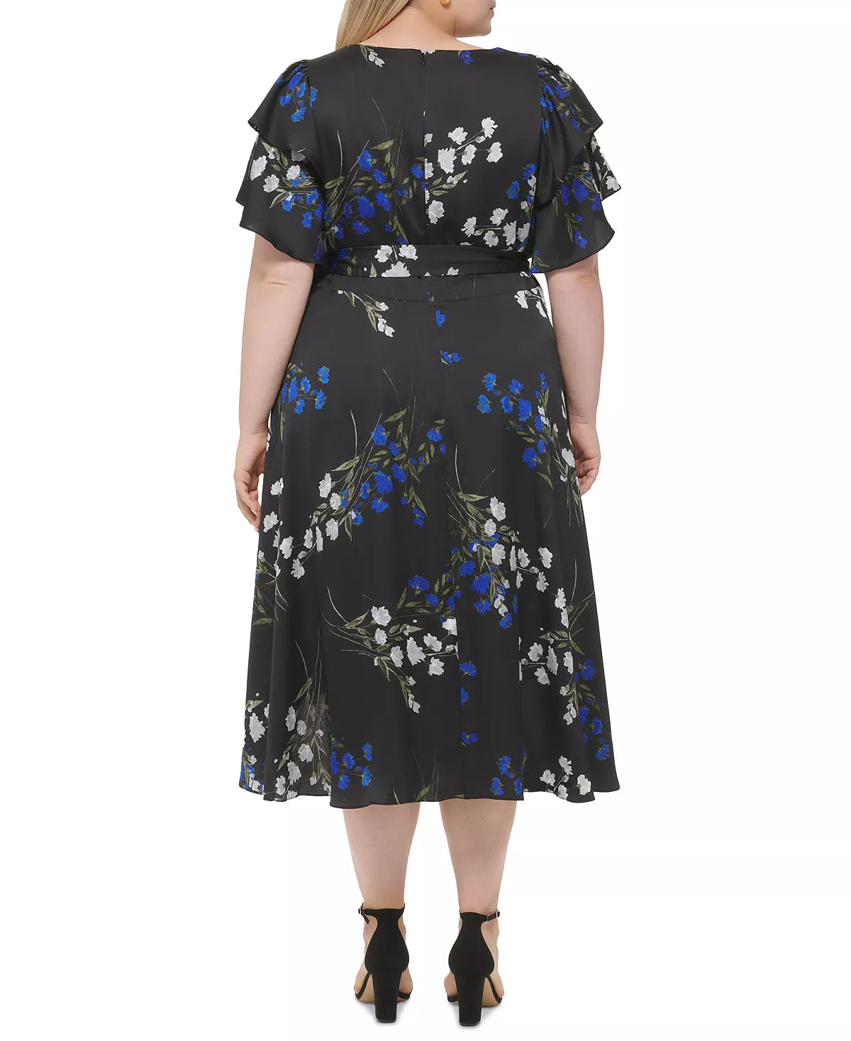 DKNY Plus Size Floral-Print Tie-Waist Ruffled-Sleeve Midi Dress