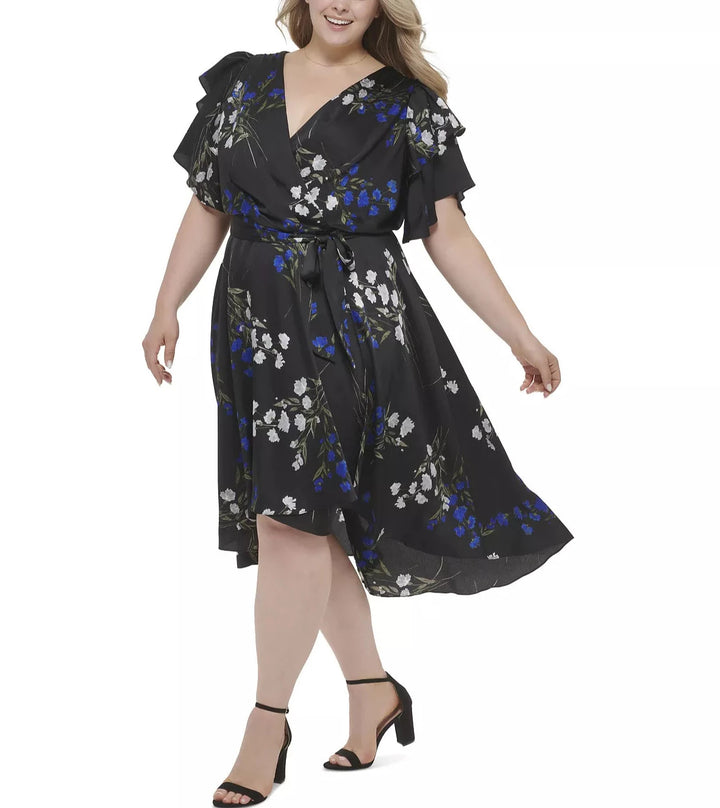 DKNY Plus Size Floral-Print Tie-Waist Ruffled-Sleeve Midi Dress