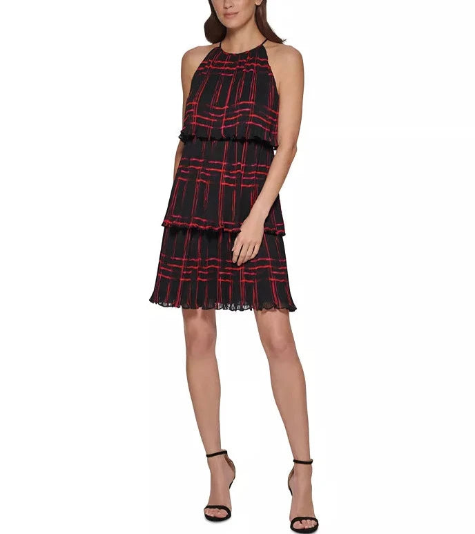 DKNY Printed Pleated Tiered-Ruffle Sleeveless Swing Dress