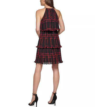 DKNY Printed Pleated Tiered-Ruffle Sleeveless Swing Dress