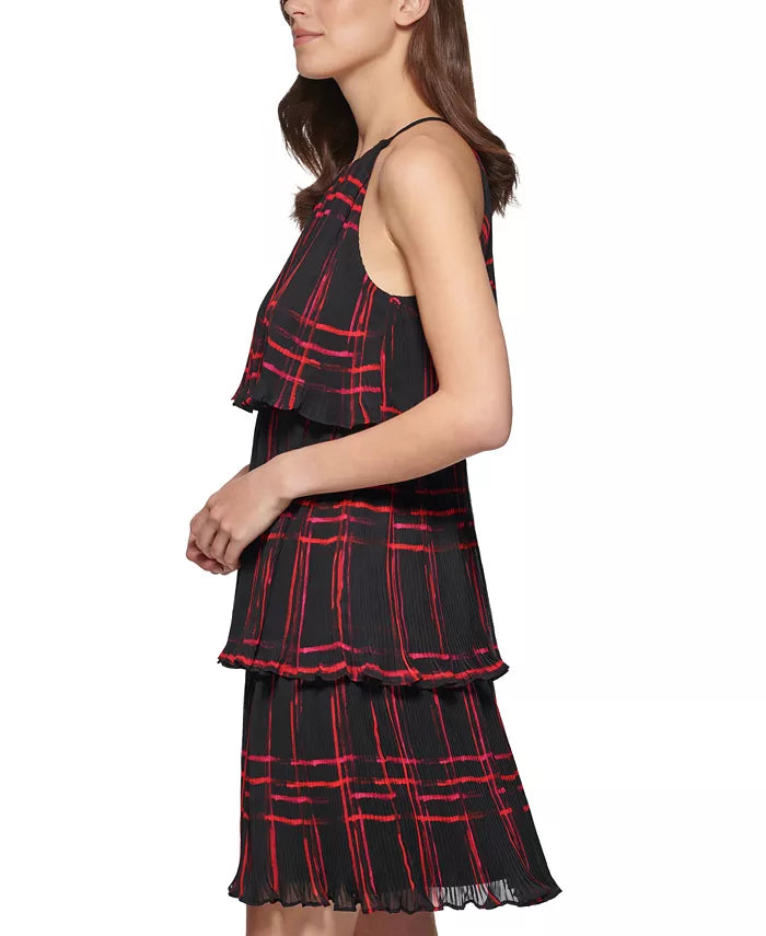 DKNY Printed Pleated Tiered-Ruffle Sleeveless Swing Dress