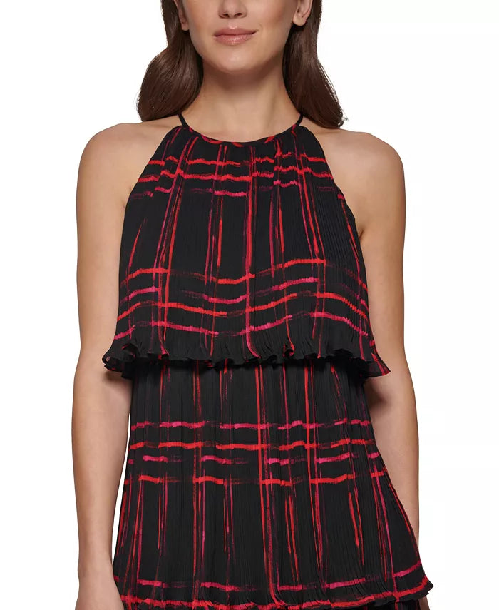 DKNY Printed Pleated Tiered-Ruffle Sleeveless Swing Dress