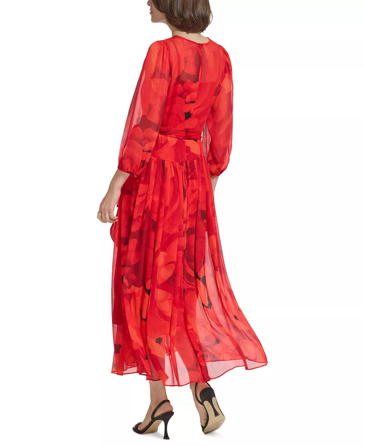 Calvin Klein Printed 3/4-Sleeve Faux-Wrap Maxi Dress