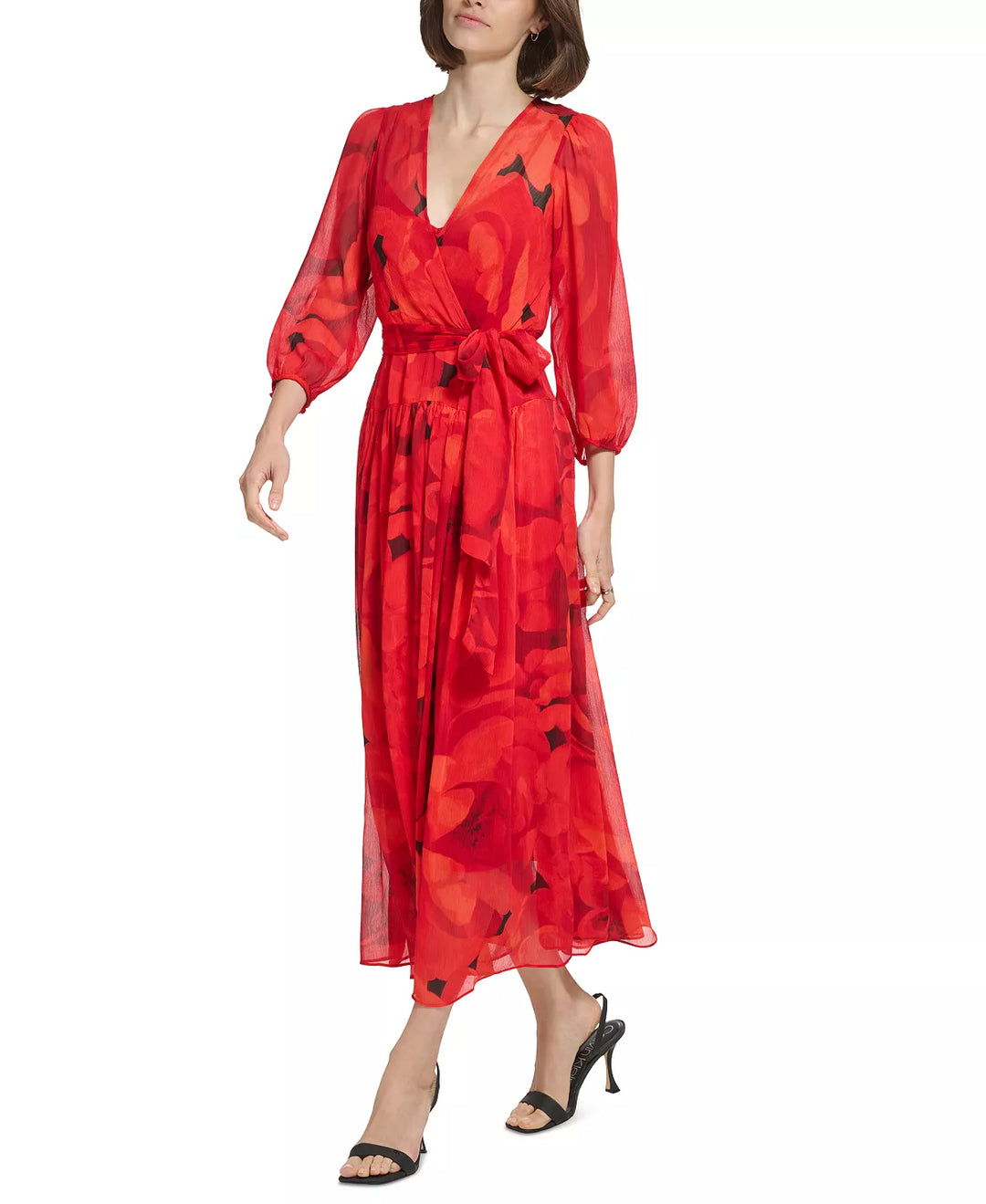 Calvin Klein Printed 3/4-Sleeve Faux-Wrap Maxi Dress