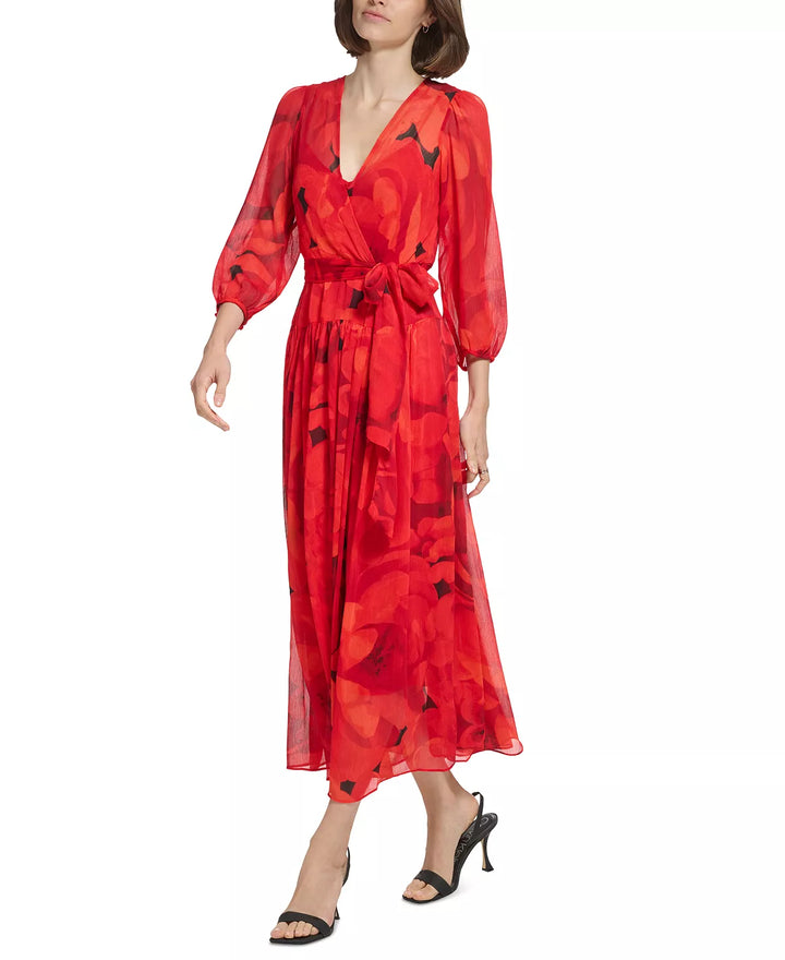 Calvin Klein Printed 3/4-Sleeve Faux-Wrap Maxi Dress