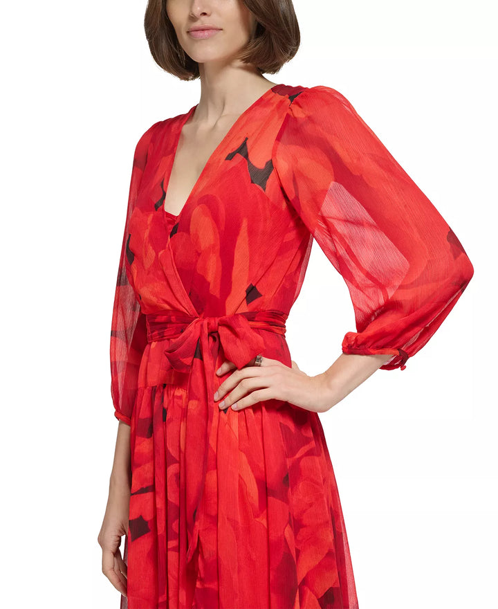 Calvin Klein Printed 3/4-Sleeve Faux-Wrap Maxi Dress