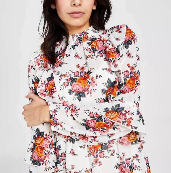 Kit & Sky Juniors' Ruffled Floral-Print High-Neck Dress