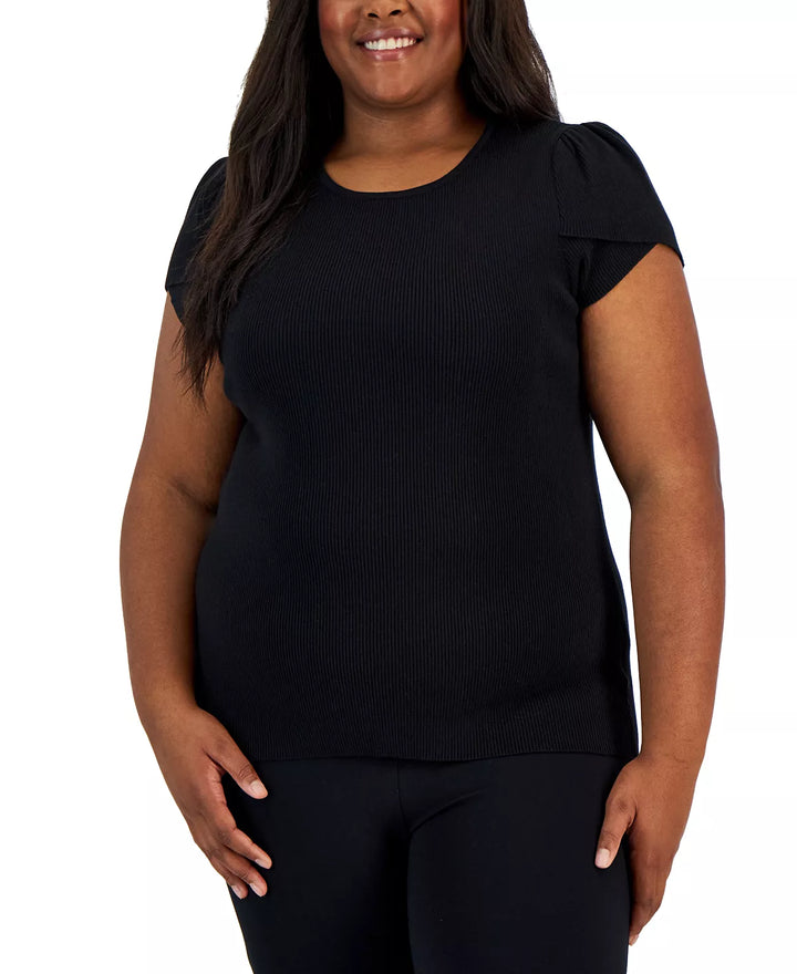 Anne Klein Plus Size Tulip-Sleeve Ribbed Crewneck Top