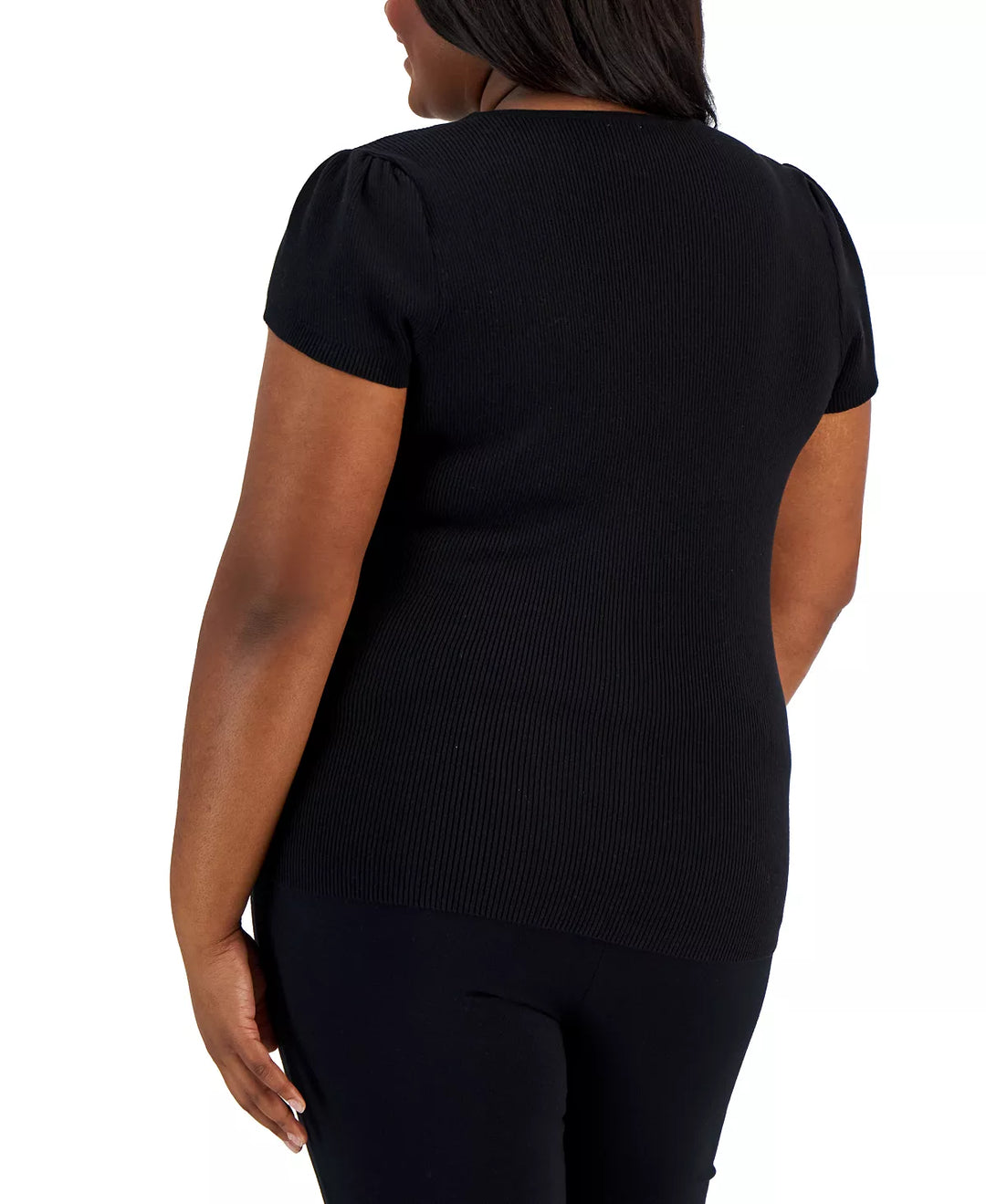 Anne Klein Plus Size Tulip-Sleeve Ribbed Crewneck Top