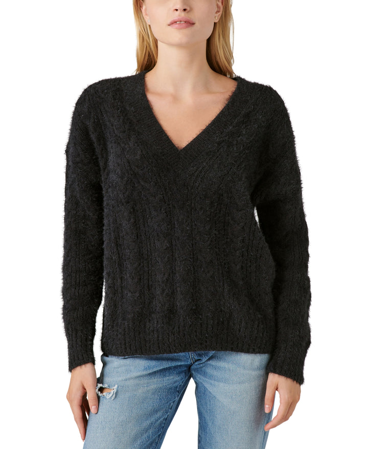Lucky Brand Cable-Knit V-Neck Eyelash Sweater