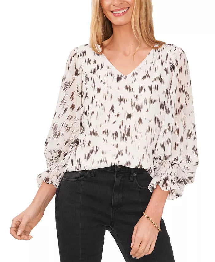 Vince Camuto Printed Blouson-Sleeve Blouse