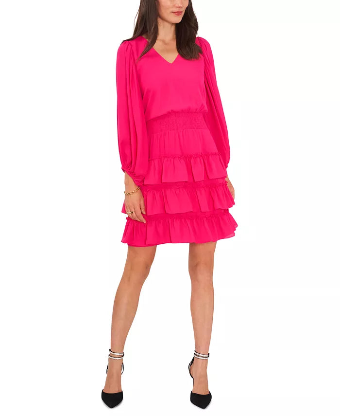 Vince Camuto V-Neck Balloon-Sleeve Tiered Dress