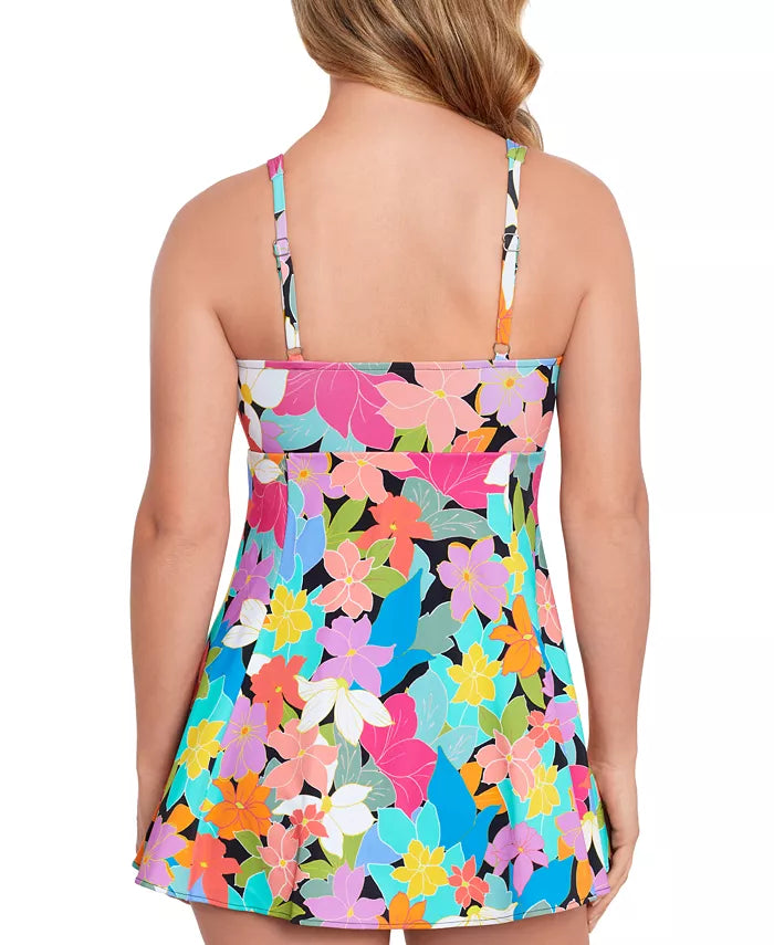 Swim Solutions Printed Tummy-Control Bow-Front Swimdress