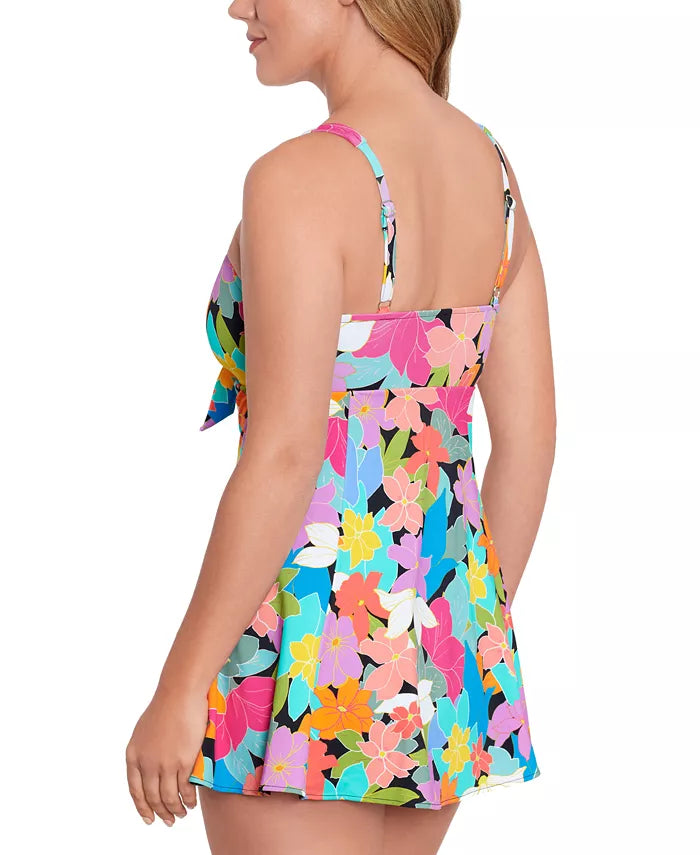 Swim Solutions Printed Tummy-Control Bow-Front Swimdress