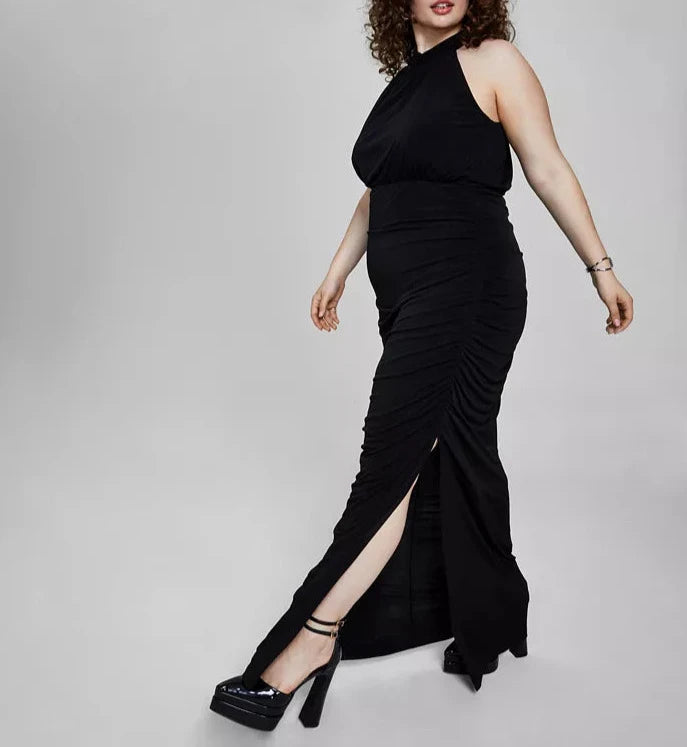 Emerald Sundae Ruched Mock-Neck Gown