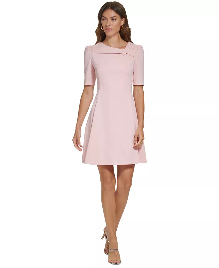 DKNY Foldover-Neck Elbow-Sleeve Fit & Flare Dress