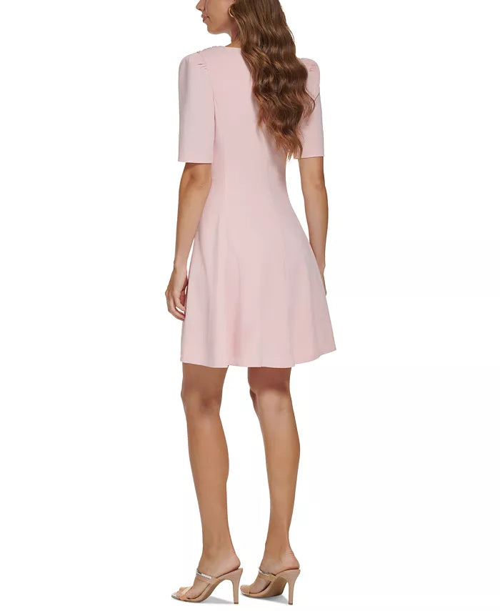 DKNY Foldover-Neck Elbow-Sleeve Fit & Flare Dress