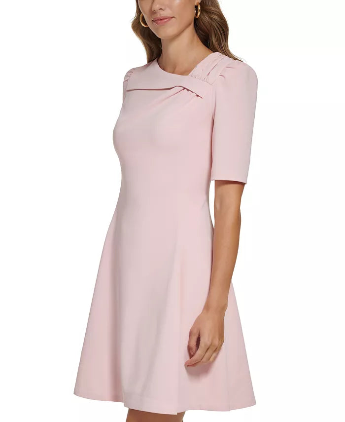 DKNY Foldover-Neck Elbow-Sleeve Fit & Flare Dress