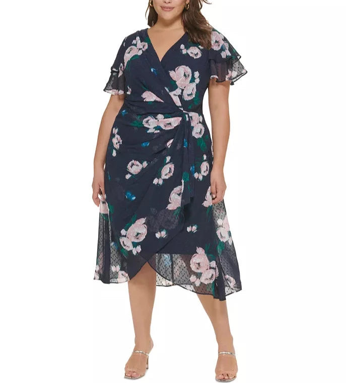 DKNY Plus Size Double-Ruffle Floral-Print Faux-Wrap Dress