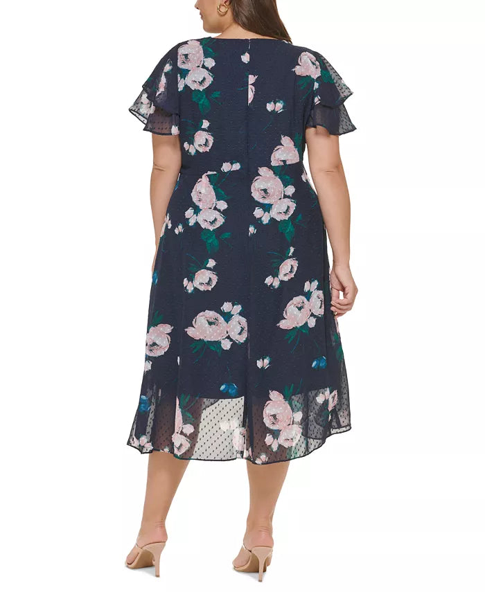 DKNY Plus Size Double-Ruffle Floral-Print Faux-Wrap Dress