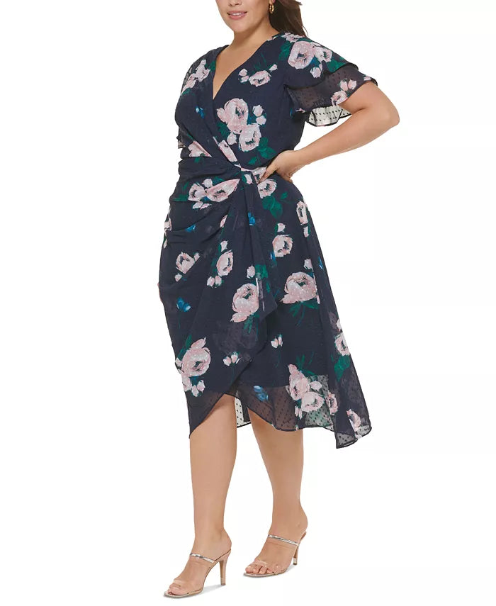 DKNY Plus Size Double-Ruffle Floral-Print Faux-Wrap Dress