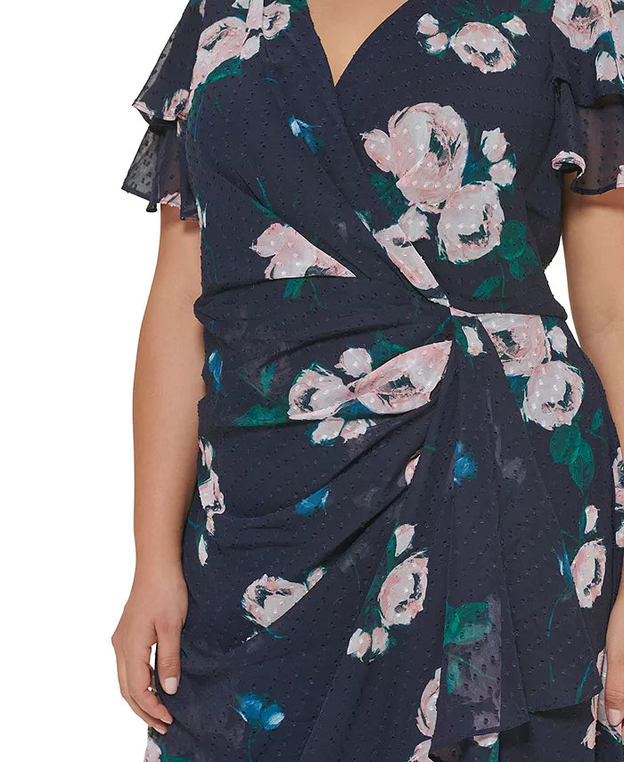 DKNY Plus Size Double-Ruffle Floral-Print Faux-Wrap Dress