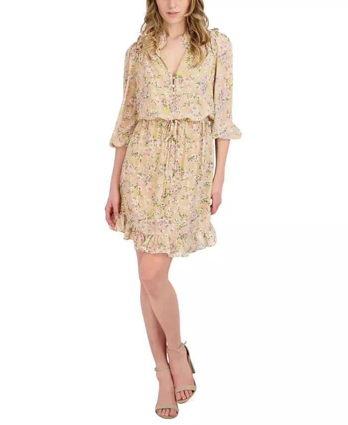 BCBGeneration Women's Floral-Print 3/4-Sleeve Ruffled A-Line Dress
