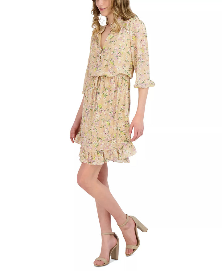 BCBGeneration Women's Floral-Print 3/4-Sleeve Ruffled A-Line Dress