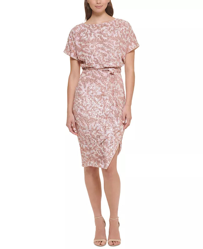 kensie Women's Sequin Boat-Neck Tie-Waist Sheath Dress