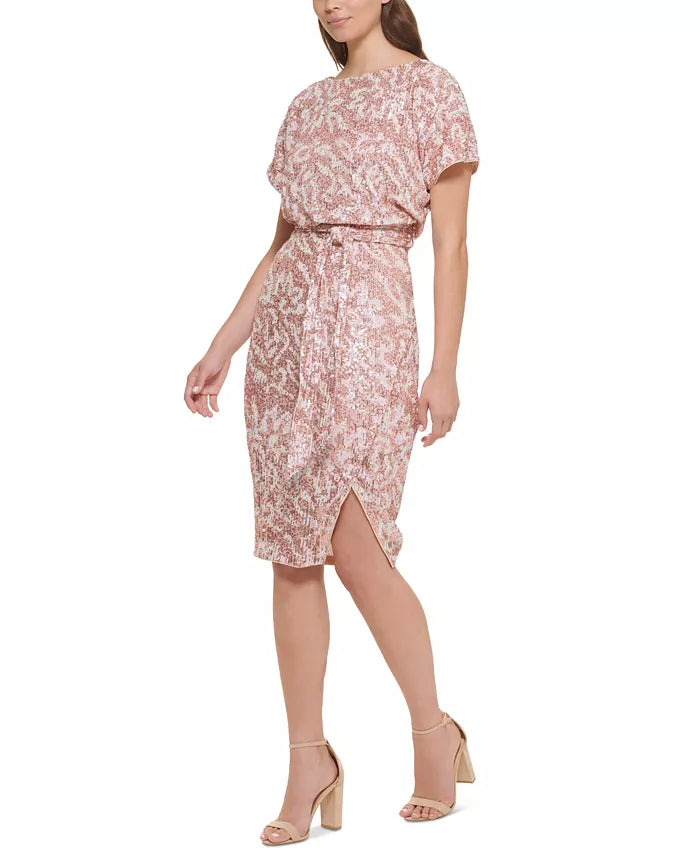 kensie Women's Sequin Boat-Neck Tie-Waist Sheath Dress
