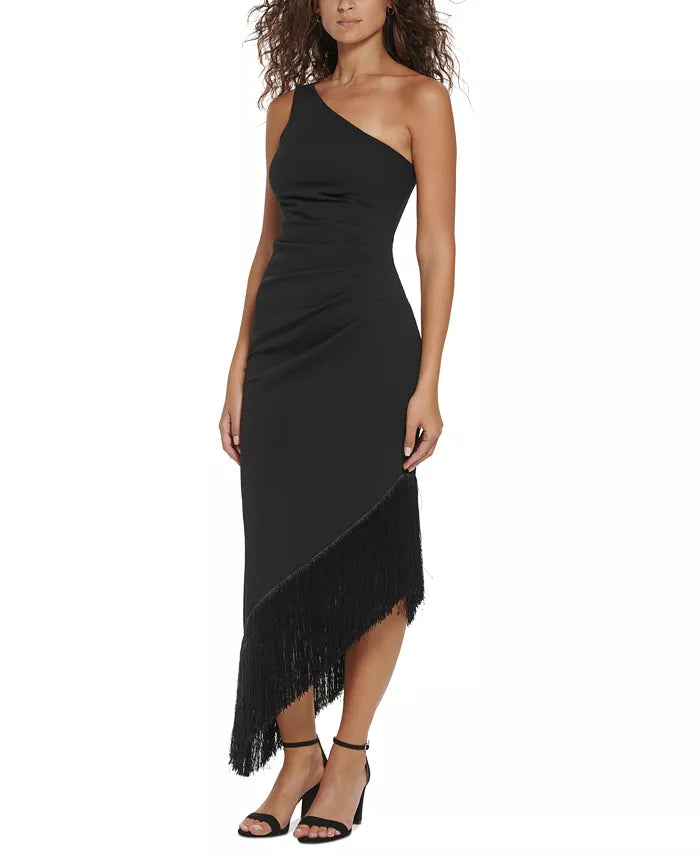 Vince Camuto One-Shoulder High-Low Fringe-Hem Midi Dress