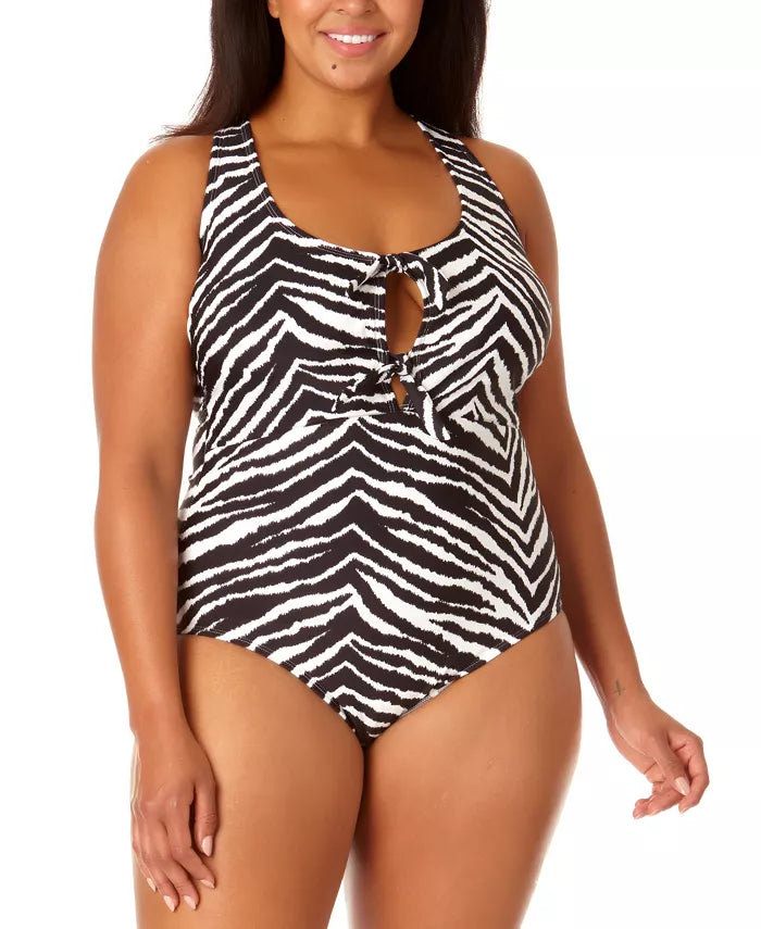 California Sunshine Juniors Plus Size Printed Knot-Front Cross-Back One-Piece Swimsuit