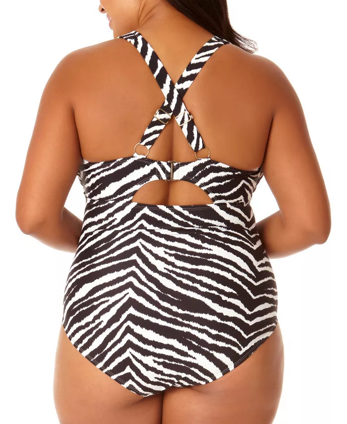 California Sunshine Juniors Plus Size Printed Knot-Front Cross-Back One-Piece Swimsuit