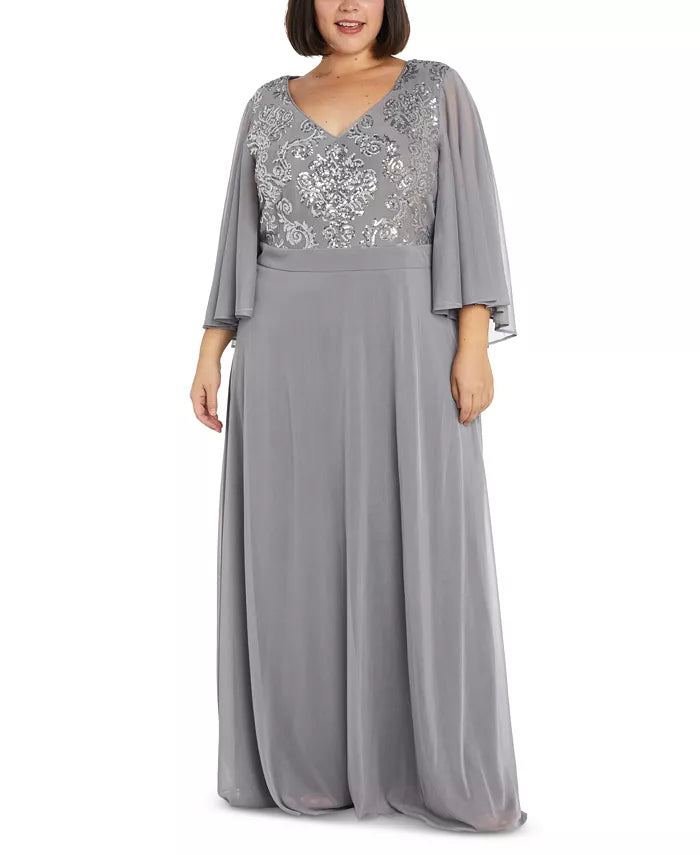 R & M Richards Plus Size Sequined Cape-Sleeve Gown