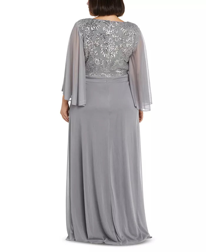 R & M Richards Plus Size Sequined Cape-Sleeve Gown
