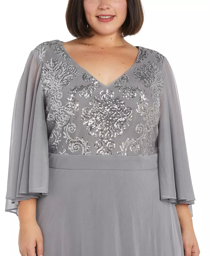 R & M Richards Plus Size Sequined Cape-Sleeve Gown