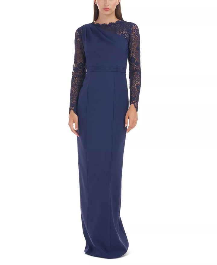 JS Collections Stretch Crepe Lace-Sleeve Gown